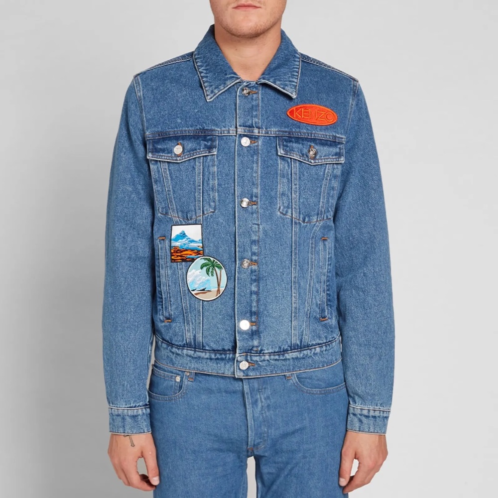 Kenzo Men's Medium Wash Denim Jacket with Glacier Patches